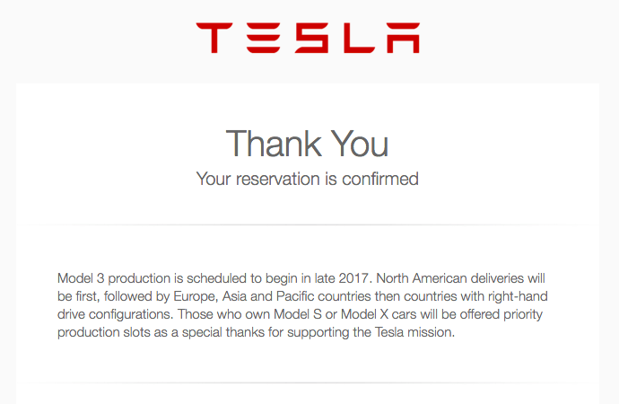 Tesla reservation confirmation